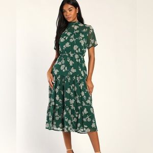 Floral Dressed Up Dark Green Floral Print Midi Dress- SMALL